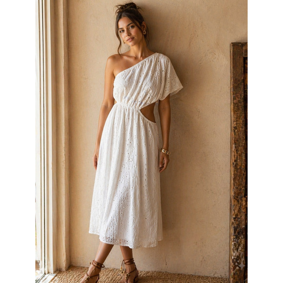 Changes By Together Dresses & Skirts - NWT By Together White Eyelet Midi Dress Puff Sleeve Cut-Out Size M